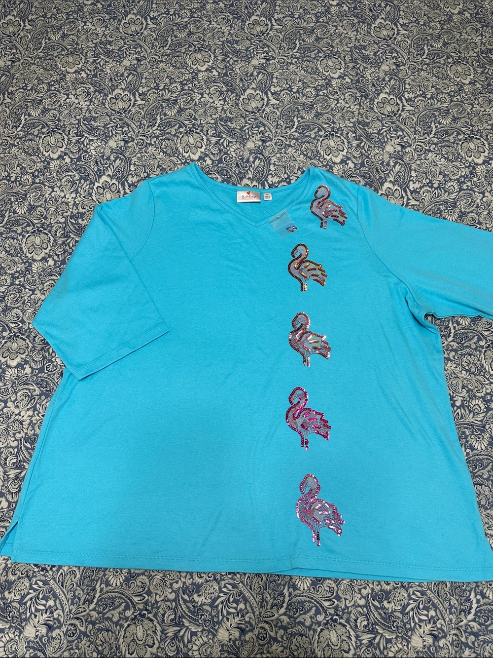 Quacker Factory Turquoise Blue Sequin Flamingo Top